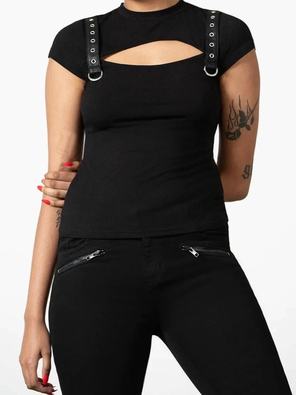 NWT Killstar Trudy Keyhole Top - Black W/ Faux Leather Grommet Straps - Size XL